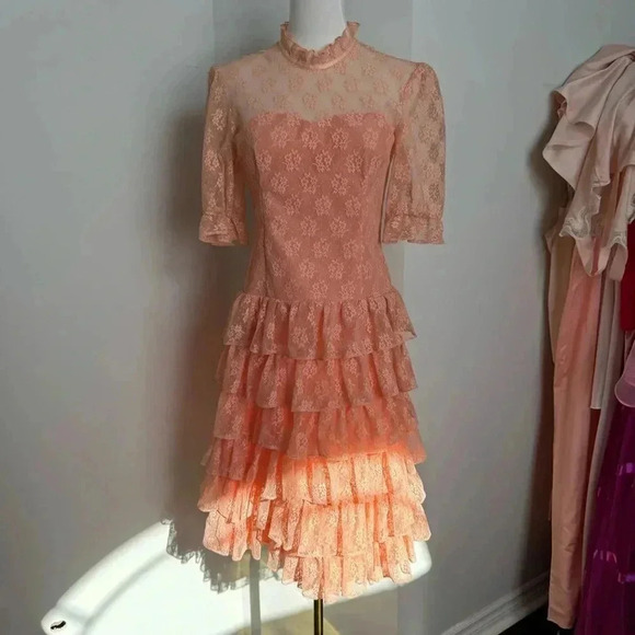 Vintage handmade peachy lace coquette dress S garden  pastel cottage - Picture 2 of 6
